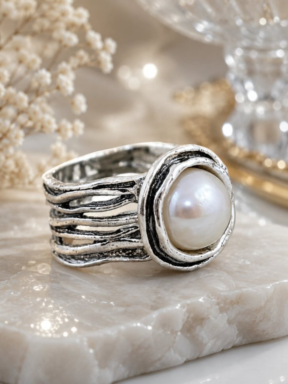 Silver Tone Faux Pearl Statement Ring – Textured Band, Modern Boho Style